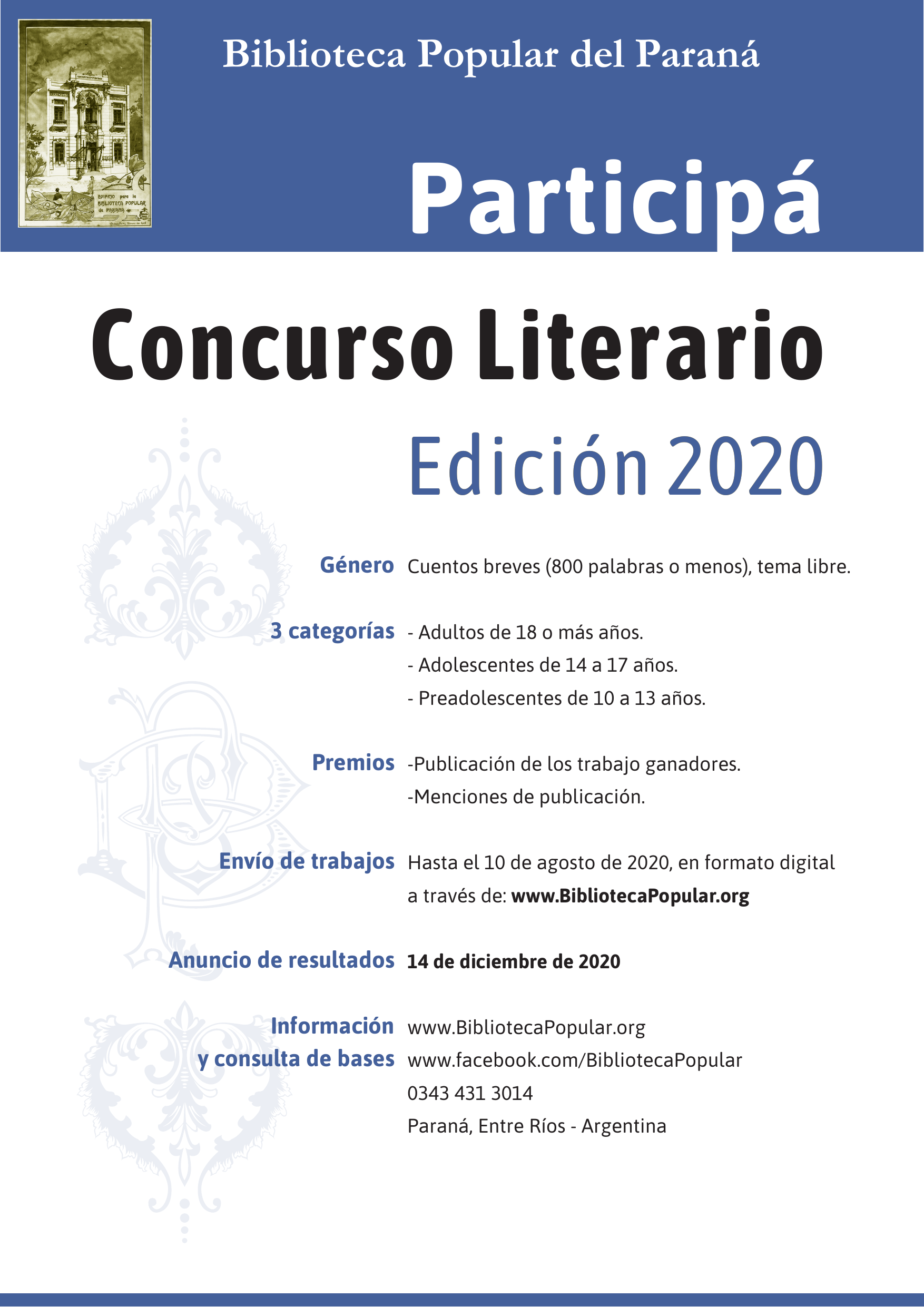 Afiche promocional del Concurso Biblioteca Popular del Paraná, Edición 2020